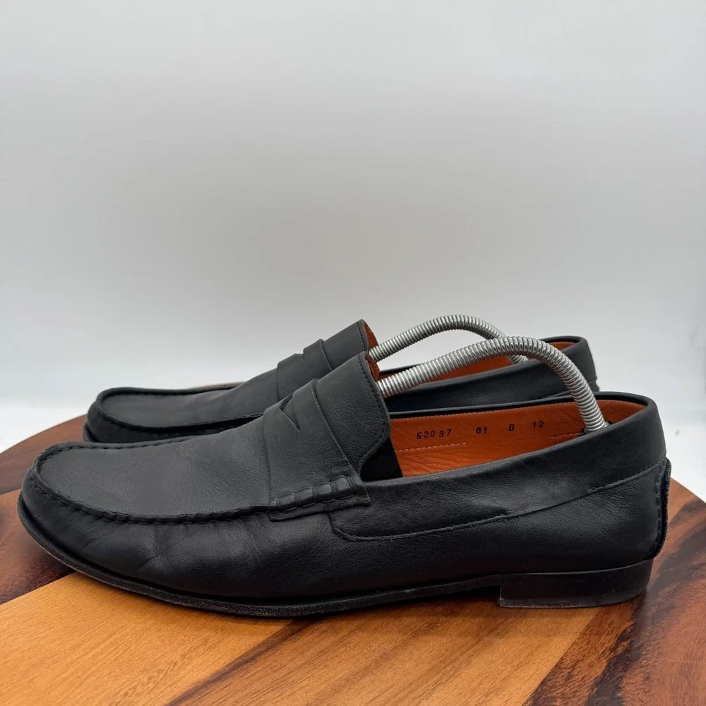 Santoni Turner Black Leather Penny Loafers Mens 12 Made In Italy Casual Dress